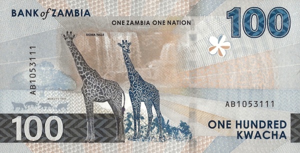 100 Zambian Kwacha Banknote (Giraffes) (reverse)