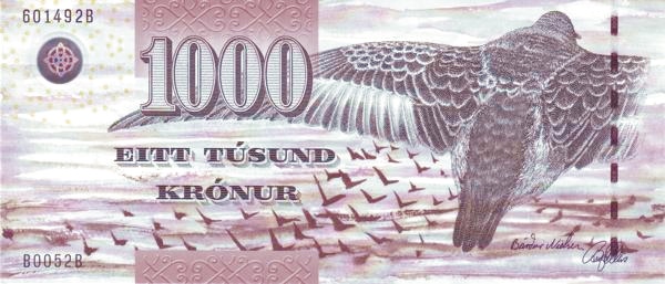 1000 Faroese Kronur Banknote (Black Grey Sandpipers Wing)