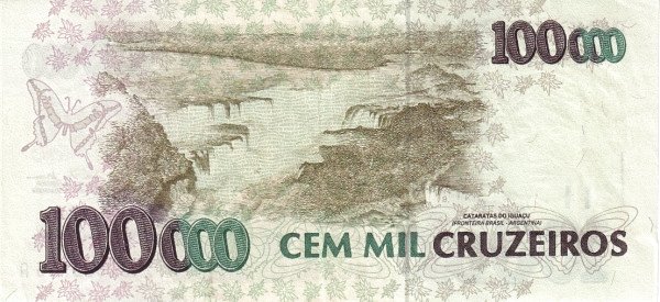 100000 Brazilian Cruzeiros Banknote (Hummingbird) (reverse)