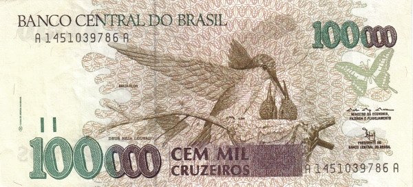 100000 Brazilian Cruzeiros Banknote (Hummingbird)
