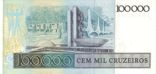 100000 Brazilian Cruzeiros Banknote (Juscelino Kubitschek) (reverse)
