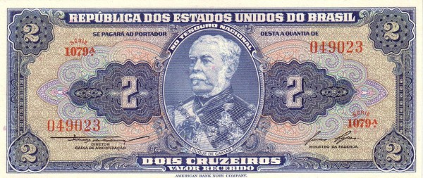 2 Brazilian Cruzeiros Banknote (Duque De Caxias Blue Type)