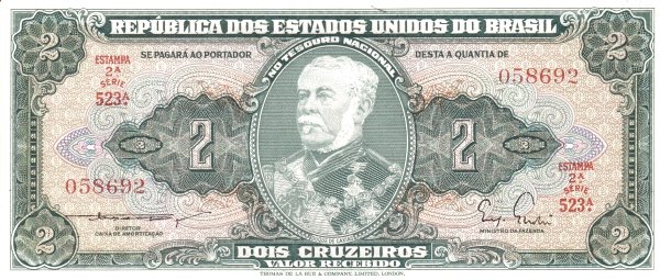 2 Brazilian Cruzeiros Banknote (Duque De Caxias Green Type)