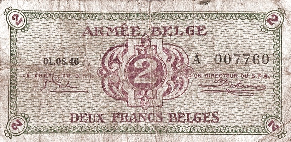 2 Francs Belges / Belgische Frank BEF Banknote (1946 Military Payment Certificates Issue) 1946
