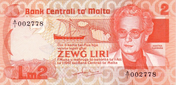 2 Liri MLT Banknote (1986–1989 Issue) 1967