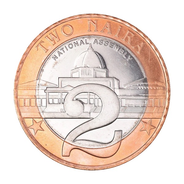 2 Naira coin (National Assembly Building, Bi-Metallic) (reverse)