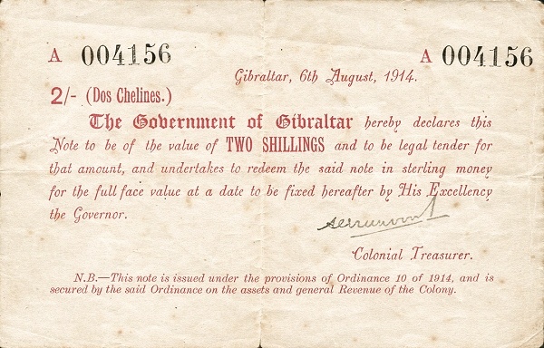 2 Shillings / Chelines GIB Banknote (1914 Emergency Series A Issue) 1914