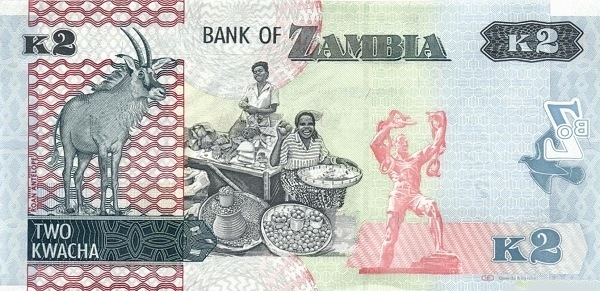 2 Zambian Kwacha Banknote (Roan Antelope) (reverse)