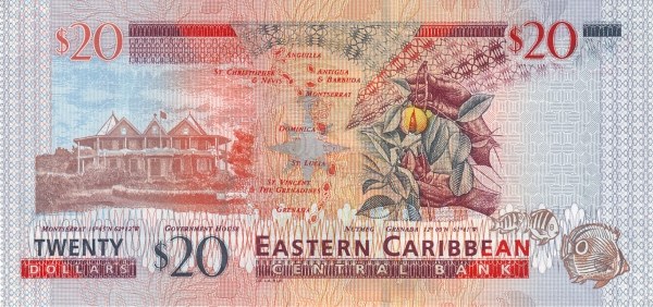 20 Dollars XCD Banknote (2008 'Without Suffix Letters for Member States' Issue) 2008 (reverse)