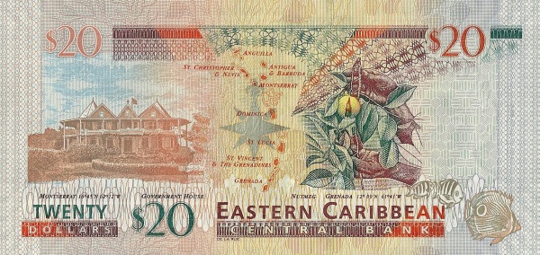 20 Dollars XCD Banknote (2012–2015 'Marks for the Blind' Issue) 2012 (reverse)