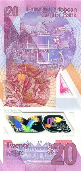 20 Dollars XCD Banknote (2019–2021 Polymer 'New Design' Issue) 2019 (reverse)