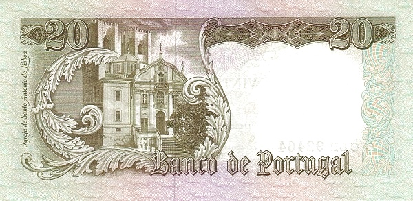 20 Escudos POR Banknote (Mid-20th Century Escudo Notes) 1964 (reverse)
