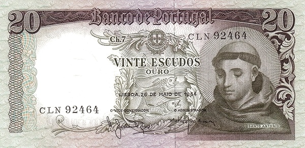 20 Escudos POR Banknote (Mid-20th Century Escudo Notes) 1964
