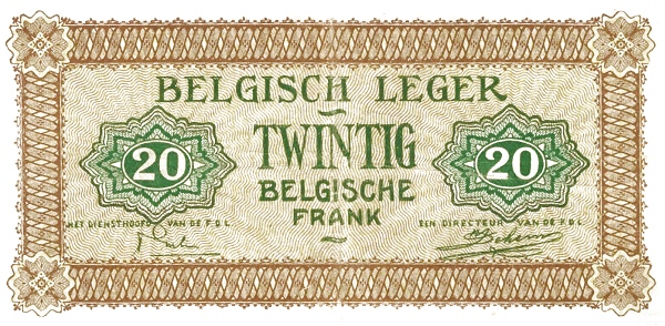 20 Francs Belges / Belgische Frank BEF Banknote (1946 Military Payment Certificates Issue) 1946 (reverse)