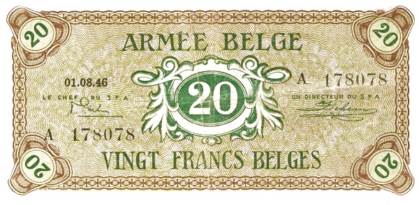 20 Francs Belges / Belgische Frank BEF Banknote (1946 Military Payment Certificates Issue) 1946