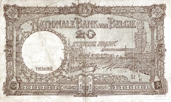 20 Francs / Frank BEF Banknote (Interwar Period Issue) 1940-1947 (reverse)
