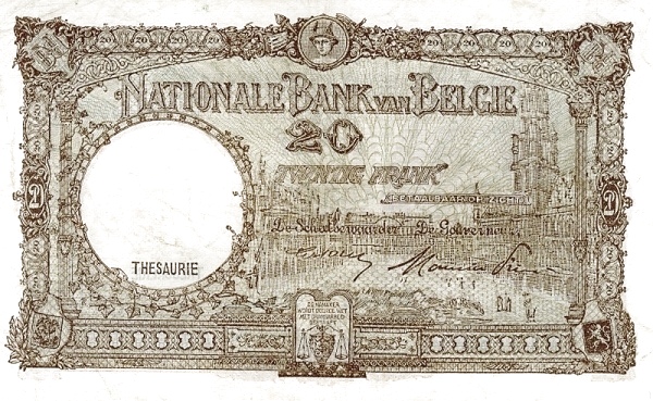 20 Francs / Frank BEF Banknote (Interwar Period Issue) 1948 (reverse)