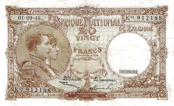 20 Francs / Frank BEF Banknote (Interwar Period Issue) 1948