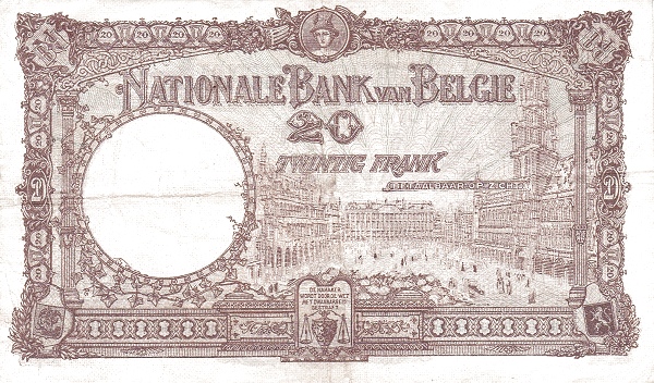 20 Francs / Frank BEF Banknote (World War I Issue) 1921-1926 (reverse)