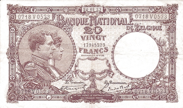 20 Francs / Frank BEF Banknote (World War I Issue) 1921-1926