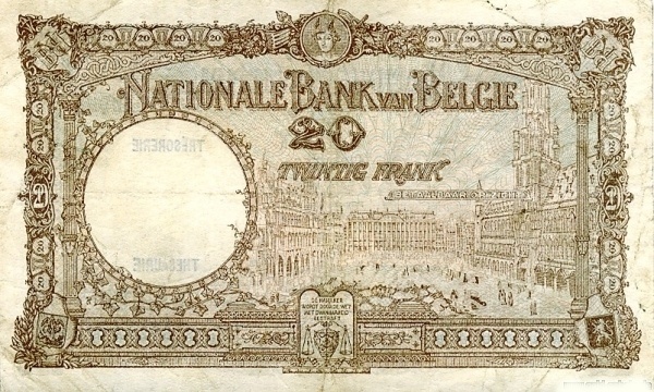 20 Francs / Frank BEF Banknote (World War I Issue) 1926-1940 (reverse)