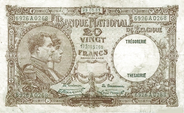 20 Francs / Frank BEF Banknote (World War I Issue) 1926-1940