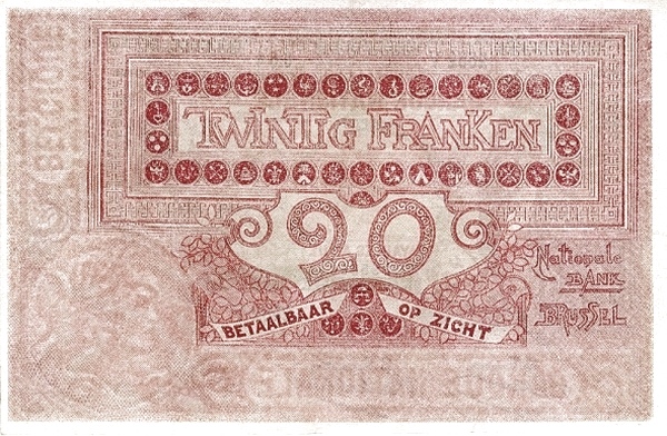 20 Francs / Franken BEF Banknote (Pre-World War I Issue) 1910-1920 (reverse)