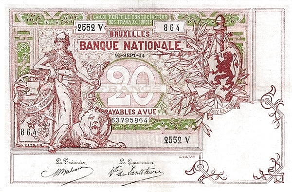 20 Francs / Franken BEF Banknote (Pre-World War I Issue) 1910-1920