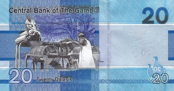 20 Gambian Dalasis Banknote (Agricultural Machine) (reverse)