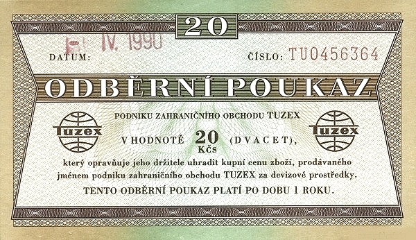 20 Korun Československých CSK Banknote (TUZEX Foreign Exchange Certificate) 1990