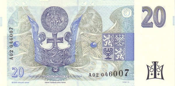 20 Korun Českých CZK Banknote (1994-1996 Czech National Bank Issue) 1994 (reverse)