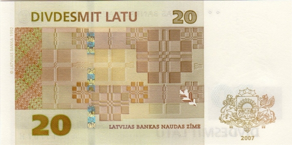 20 Latu LAT Banknote (Final Lats Series (2006-2009)) 2007 (reverse)