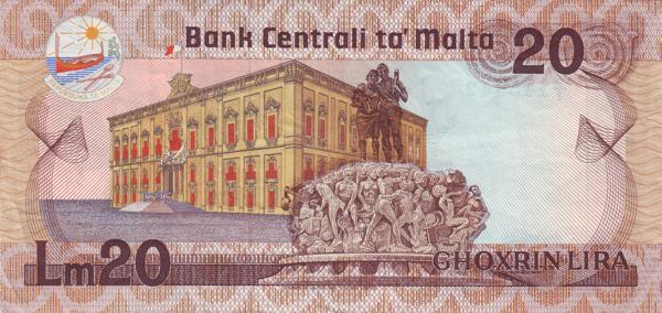 20 Liri MLT Banknote (1986–1989 Issue) 1967 (reverse)
