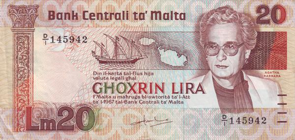 20 Liri MLT Banknote (1986–1989 Issue) 1967