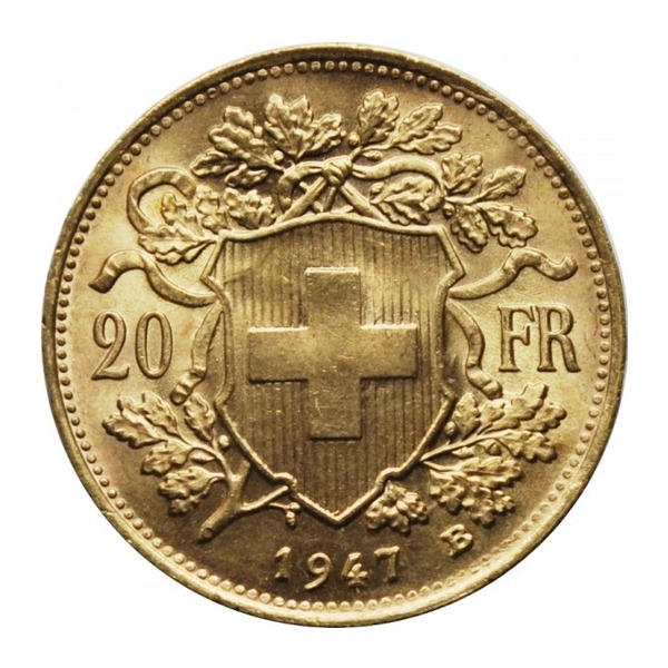 20 Swiss Francs coin (Vreneli) (reverse)