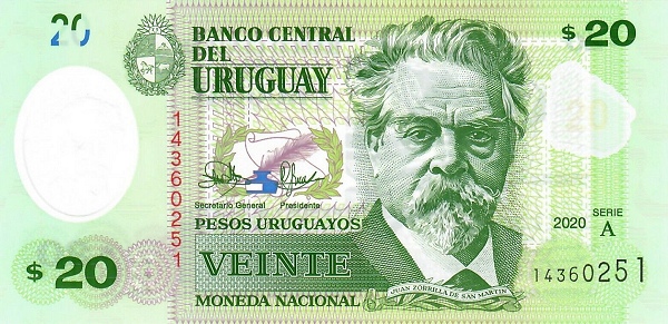 20 Uruguayan Peso Polymer Banknote (Juan Zorrilla De San Martin)