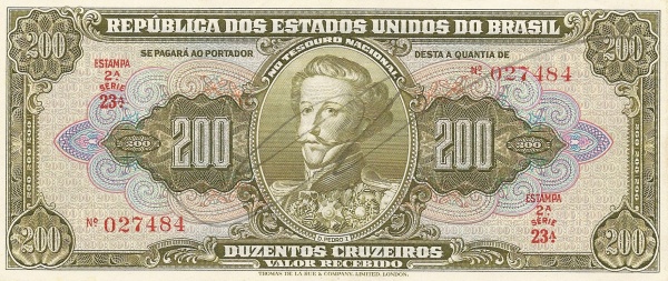 200 Brazilian Cruzeiros Banknote (Dom Pedro I Green Type)