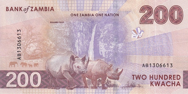 200 Zambian Kwacha Banknote (Rhinoceroses) (reverse)