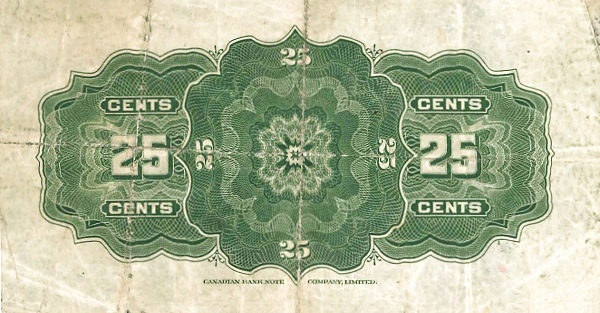 25 Cents CAN Banknote (1870-1923 Fractional Shinplaster Issue) 1923 (reverse)