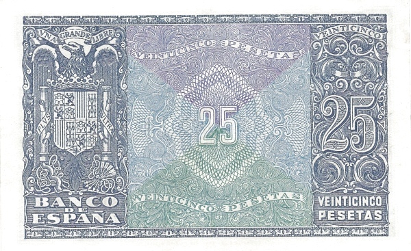 25 Pesetas ESP Banknote (Banco de España (Madrid Issue)) 1940 (reverse)