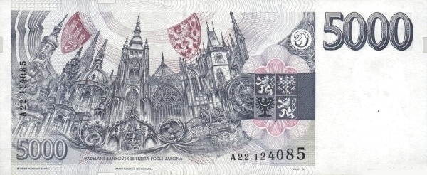 5.000 Korun Českých CZK Banknote (1993 First Czech National Bank Issue) 1993 (reverse)