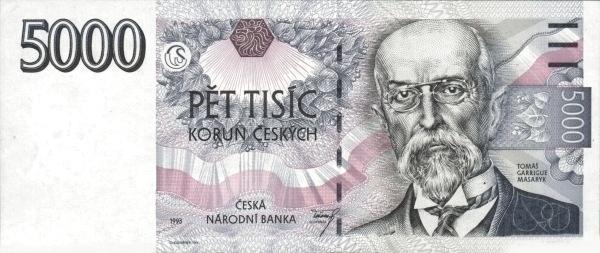 5.000 Korun Českých CZK Banknote (1993 First Czech National Bank Issue) 1993