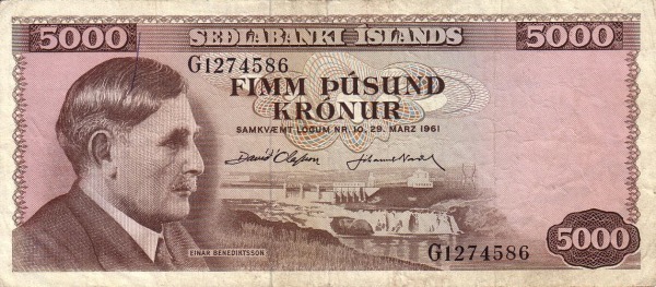 5.000 Krónur ISL Banknote (Sedlabanki Islands Modern Issue) 1961