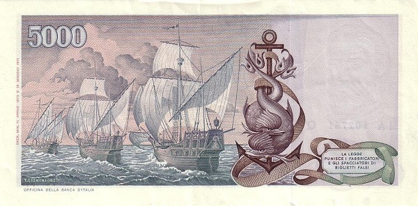 5.000 Lire ITA Banknote (Modern Lira Banknotes) 1971-1977 (reverse)