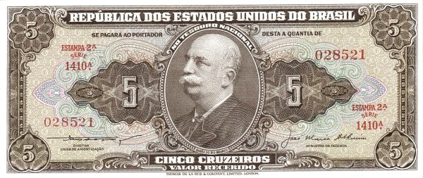 5 Brazilian Cruzeiros Banknote (Barao Do Rio Branco Brown Type)
