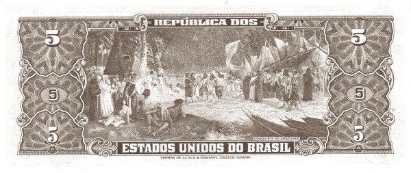 5 Brazilian Cruzeiros Banknote (Barao Do Rio Branco Olive Type) (reverse)