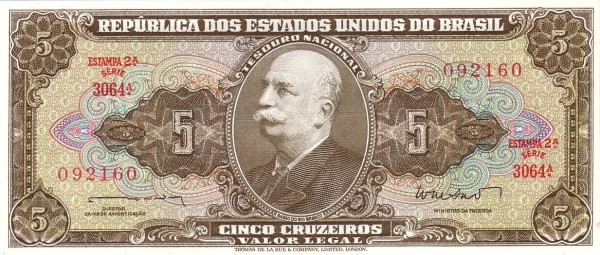 5 Brazilian Cruzeiros Banknote (Barao Do Rio Branco Olive Type)