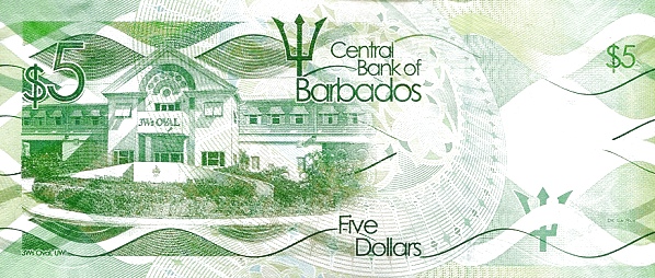5 Dollars BRB Banknote (2000–2015 Issue) 2013-2018 (reverse)