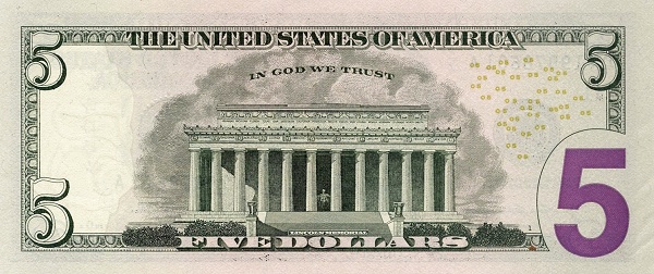 5 Dollars USA Banknote (Standard Issue) 2021 (reverse)