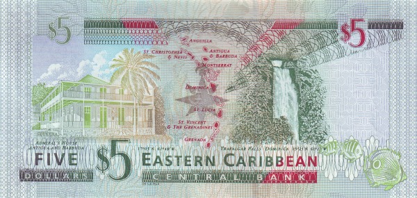 5 Dollars XCD Banknote (2008 'Without Suffix Letters for Member States' Issue) 2008 (reverse)